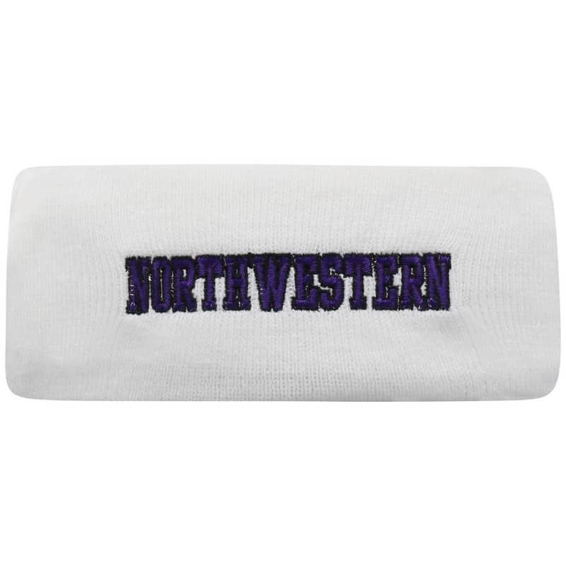 Northwestern University Wildcats White Knit Headband with N-Cat Design On The Front & Northwestern Design On The Back
