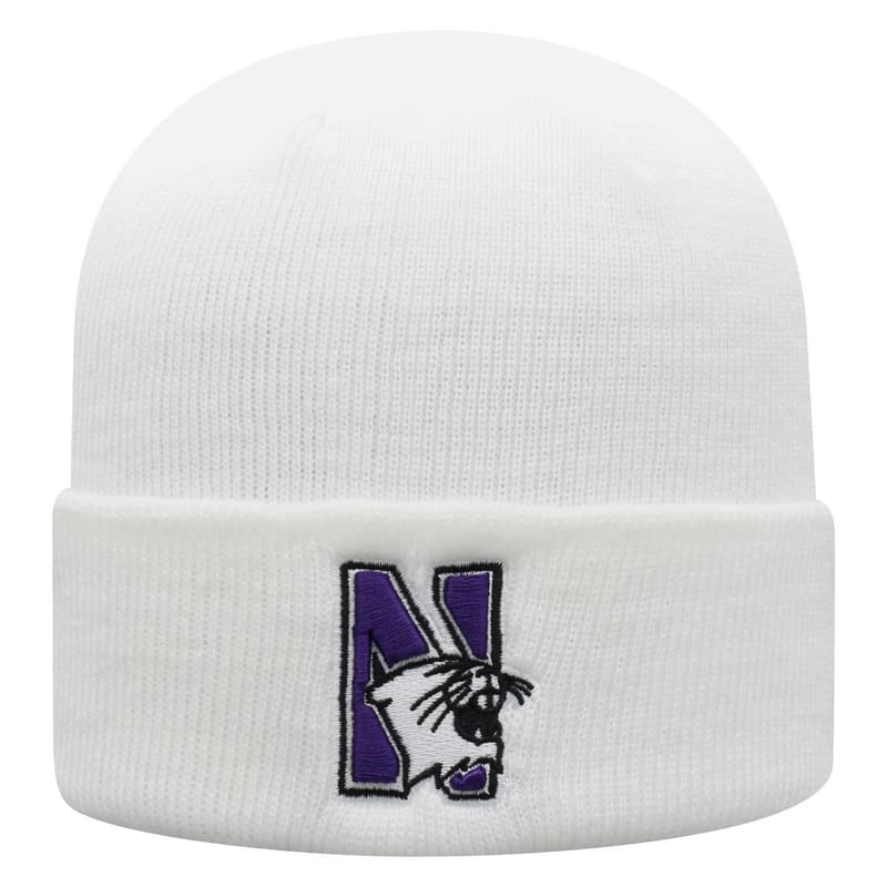 Northwestern University Wildcats Adult White Cuffed Knit Hat With Embroidered N-Cat Design