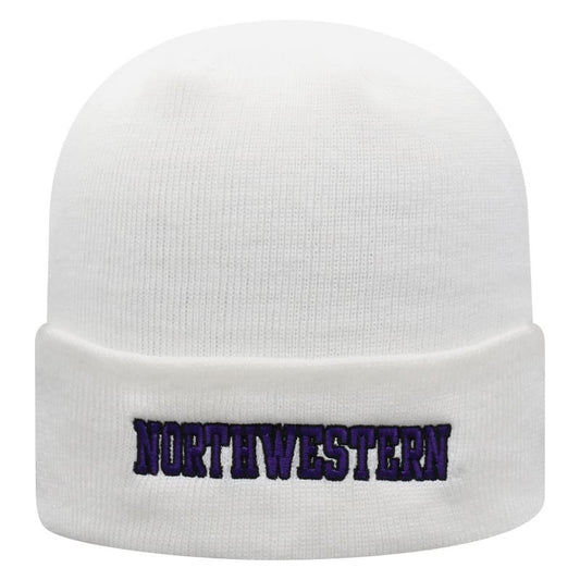 Northwestern University Wildcats Adult White Cuffed Knit Hat With Embroidered Northwestern Design On Front and N-Cat On the Back