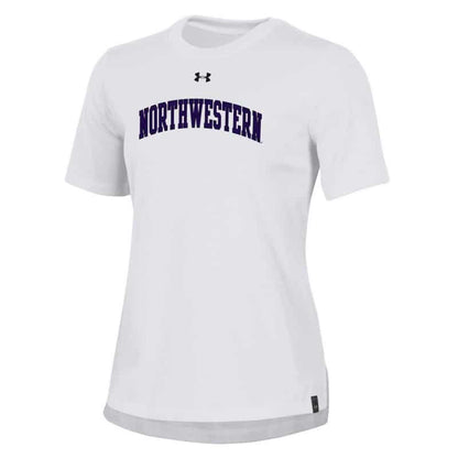 Ladies Under Armour White Performance Cotton Short Sleeve Tee With Northwestern Arch Design