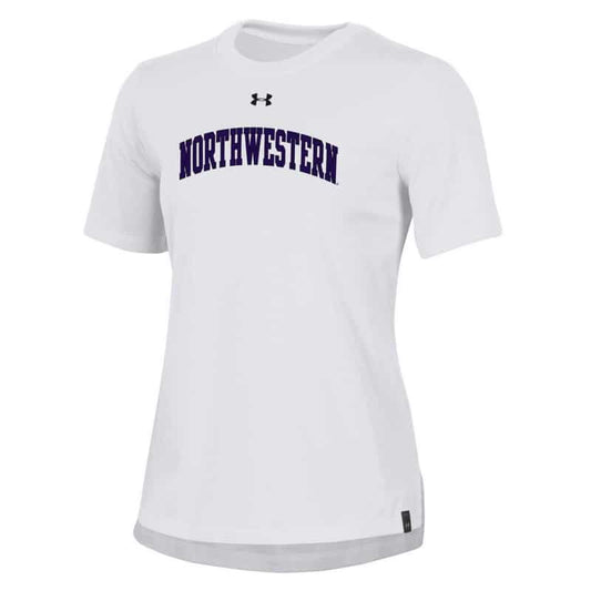 Ladies Under Armour White Performance Cotton Short Sleeve Tee With Northwestern Arch Design