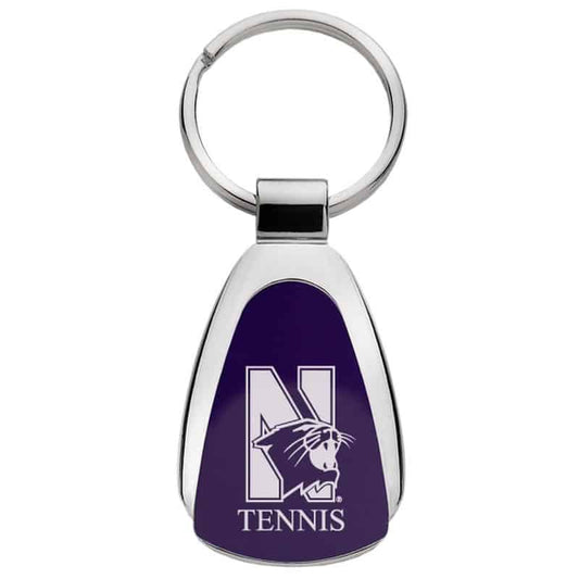 Northwestern University Wildcats Laser Engraved Purple Teardrop Key Chain with Mascot & Tennis Design