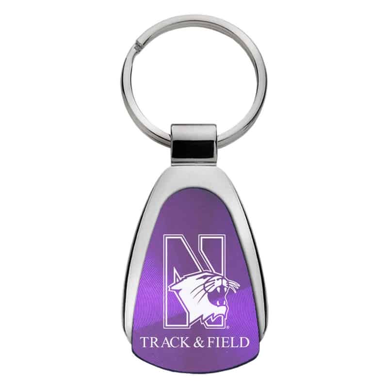 Northwestern University Wildcats Laser Engraved Purple Teardrop Key Chain with N-Cat & Track & Field Design
