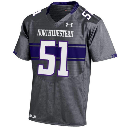 Northwestern University Wildcats Adult Under Armour Grey Replica Football Jersey with #51 -Front