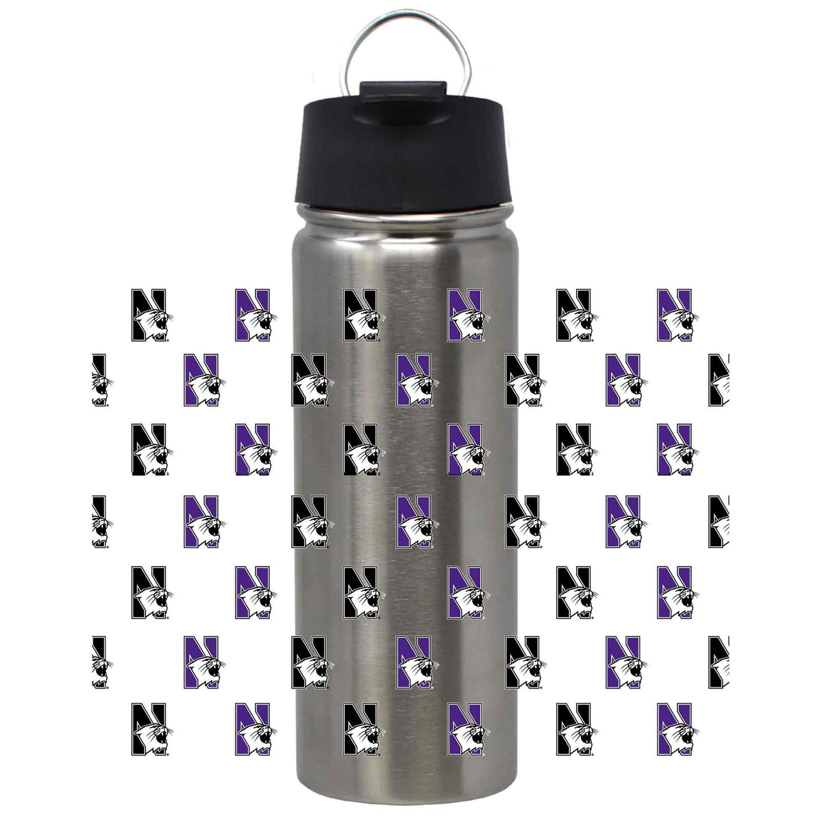 Northwestern University Wildcats 20 oz Silver Impact Travel Tumbler Water Bottle/Mug with Full Color Repeated N-Cat Design