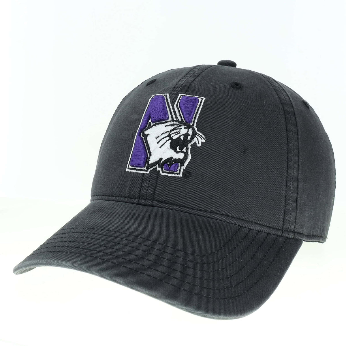 Northwestern University Wildcats Super Light Weight Legacy Unconstructed Adjustable Vintage Washed Black Terra Twill Hat with N-Cat Design