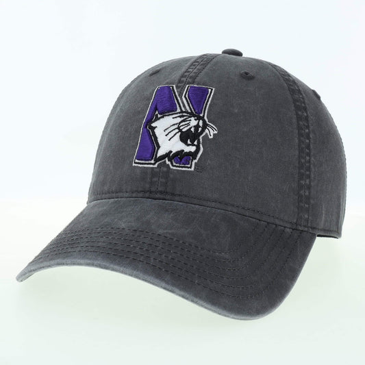 Northwestern University Wildcats Super Light Weight Legacy Unconstructed Adjustable Vintage Washed Cinder Charcoal Terra Twill Hat with N-Cat Design