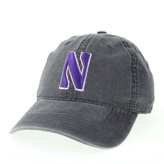 Northwestern University Wildcats Super Light Weight Legacy Unconstructed Adjustable Vintage Washed Cinder Charcoal Terra Twill Hat with Stylized N Design