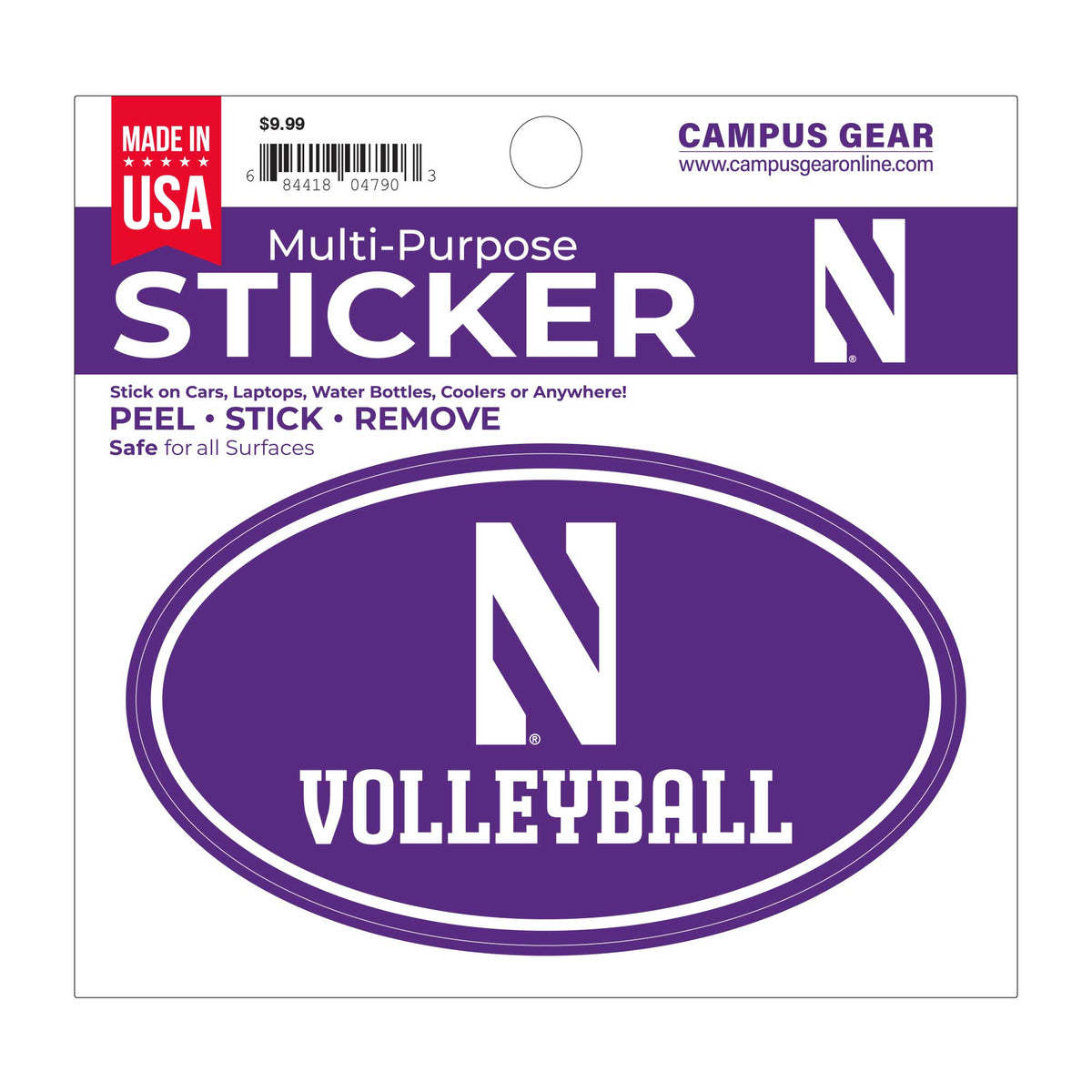 Northwestern University Wildcats Full Color Outside Application 3"X5" Oval Multi-Purpose Sticker with N & Volleyball Design