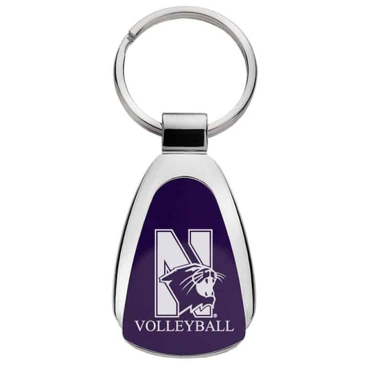 Northwestern University Wildcats Laser Engraved Purple Teardrop Key Chain with Mascot & Volleyball Design