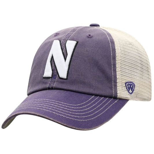 Northwestern University Wildcats Top Of The World Adjustable Snapback Purple/Cream Trucker Mesh Hat with Stylized N Design & Purple Visor-Front