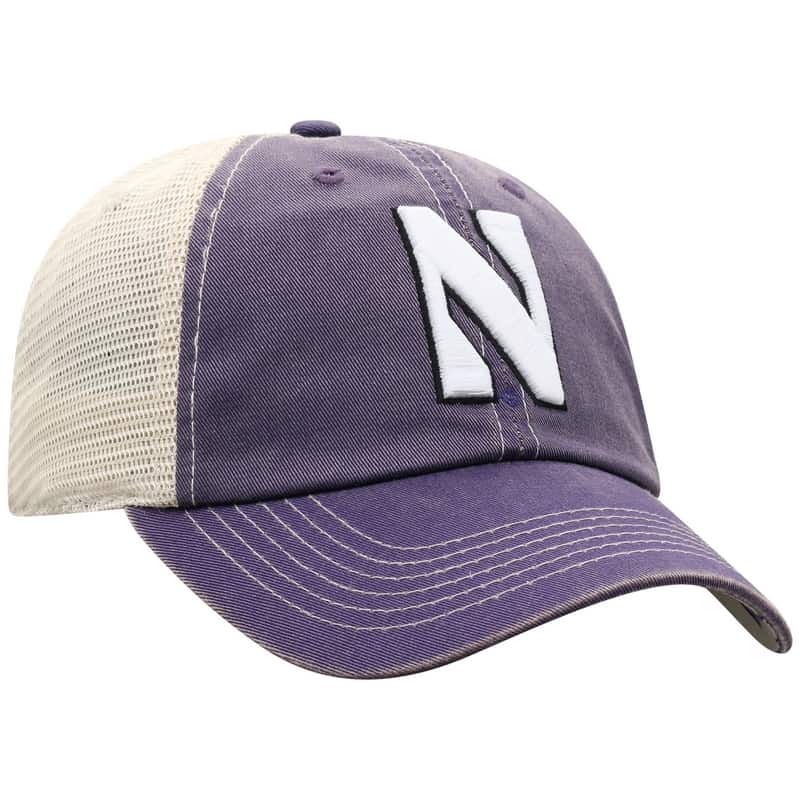 Northwestern University Wildcats Top Of The World Adjustable Snapback Purple/Cream Trucker Mesh Hat with Stylized N Design & Purple Visor-Front 3