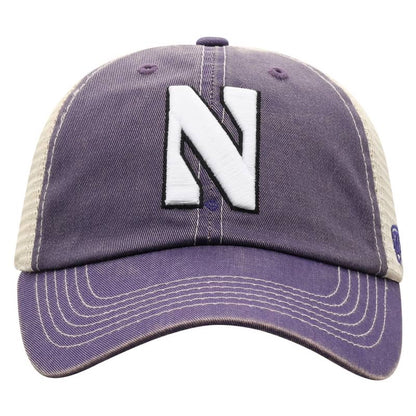 Northwestern University Wildcats Top Of The World Adjustable Snapback Purple/Cream Trucker Mesh Hat with Stylized N Design & Purple Visor-Front 2
