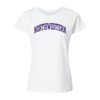 Northwestern University Wildcats Women's MV Softstyle White Tee Shirt with One Color Northwestern Arch Design