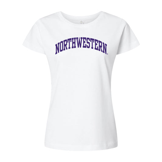 Northwestern University Wildcats Women's MV Softstyle White Tee Shirt with One Color Northwestern Arch Design