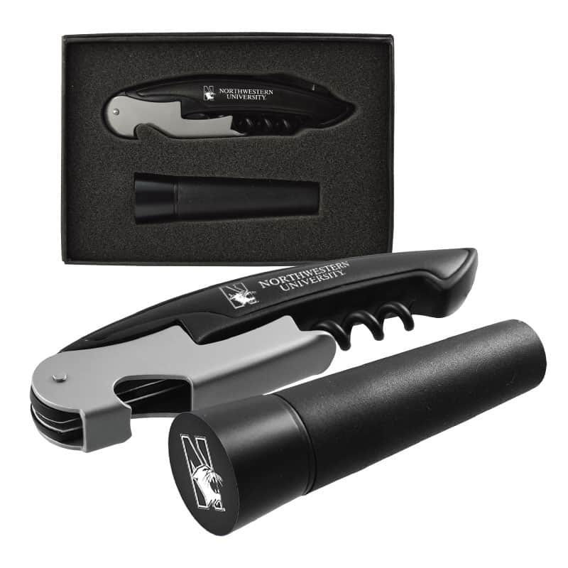 Northwestern University Wildcats Wine Opener and Vaccum Stopper Set With N-Cat Design