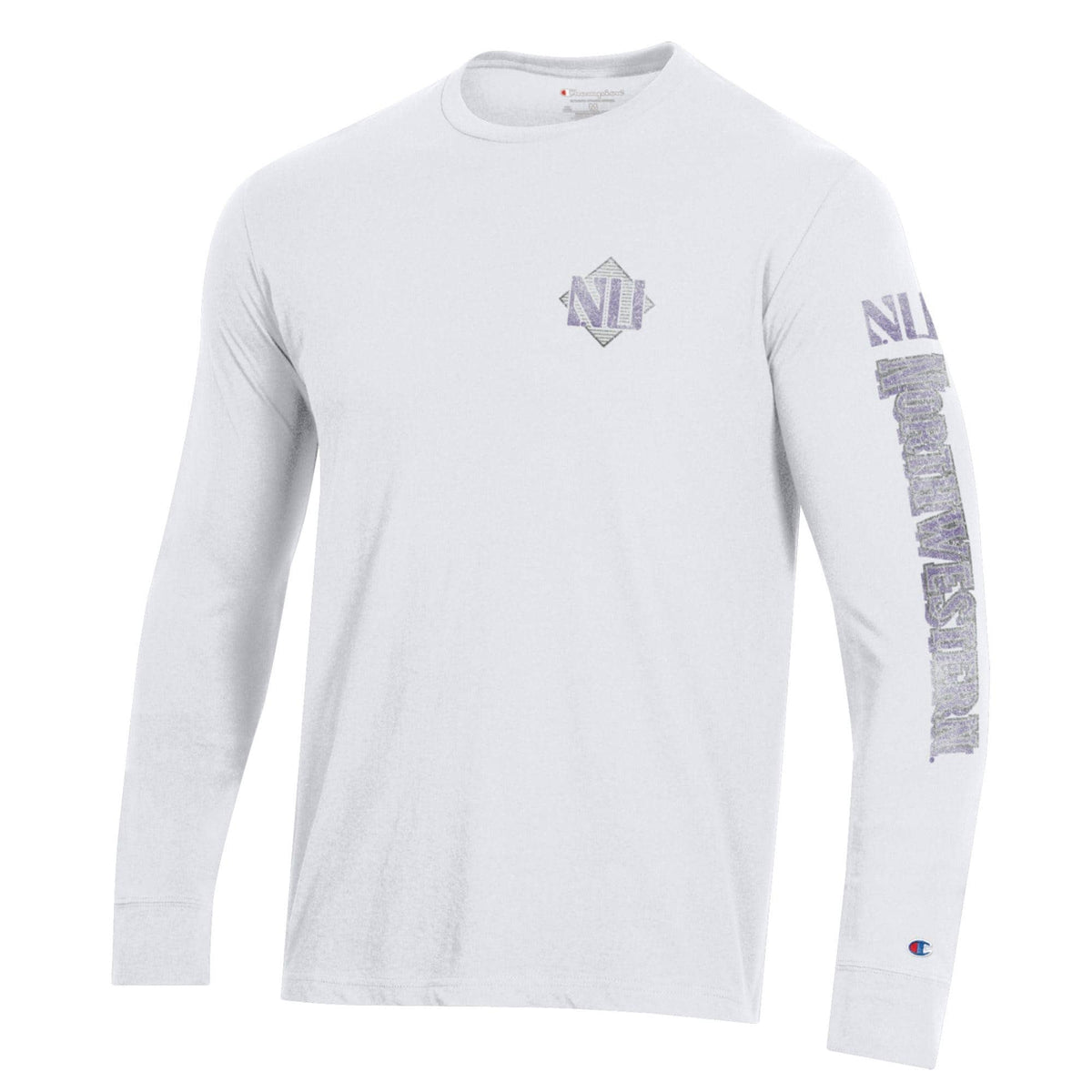 Northwestern University Wildcats Men's Champion White Long Sleeve Tee Shirt with Three Location Faded Print -Back