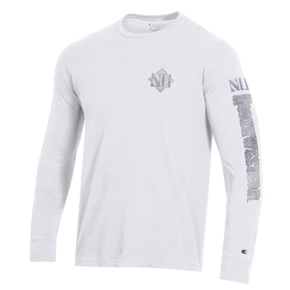Northwestern University Wildcats Men's Champion White Long Sleeve Tee Shirt with Three Location Faded Print -Back