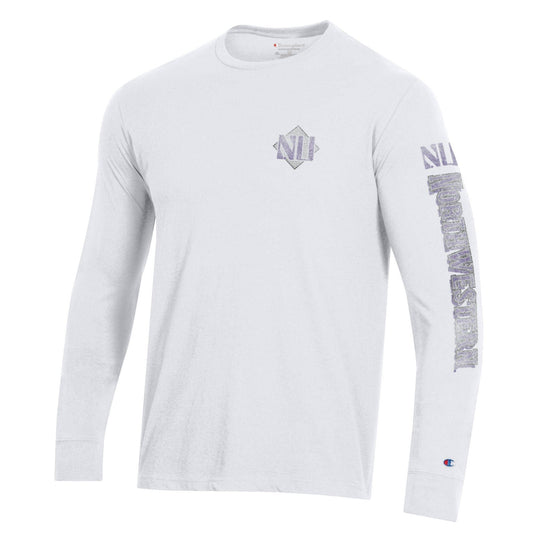Northwestern University Wildcats Men's Champion White Long Sleeve Tee Shirt with Three Location Faded Print -Back