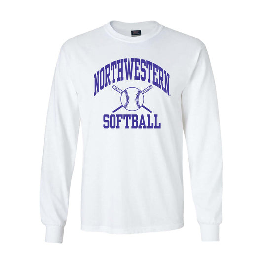 Northwestern University Wildcats White Long Sleeve Tee Shirt with Softball Design
