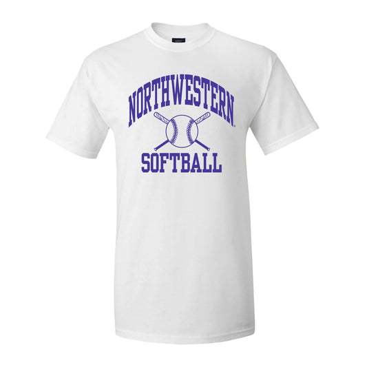 Northwestern University Wildcats White Short Sleeve Tee Shirt with Softball Design