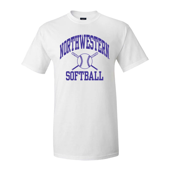 Northwestern University Wildcats White Short Sleeve Tee Shirt with Softball Design
