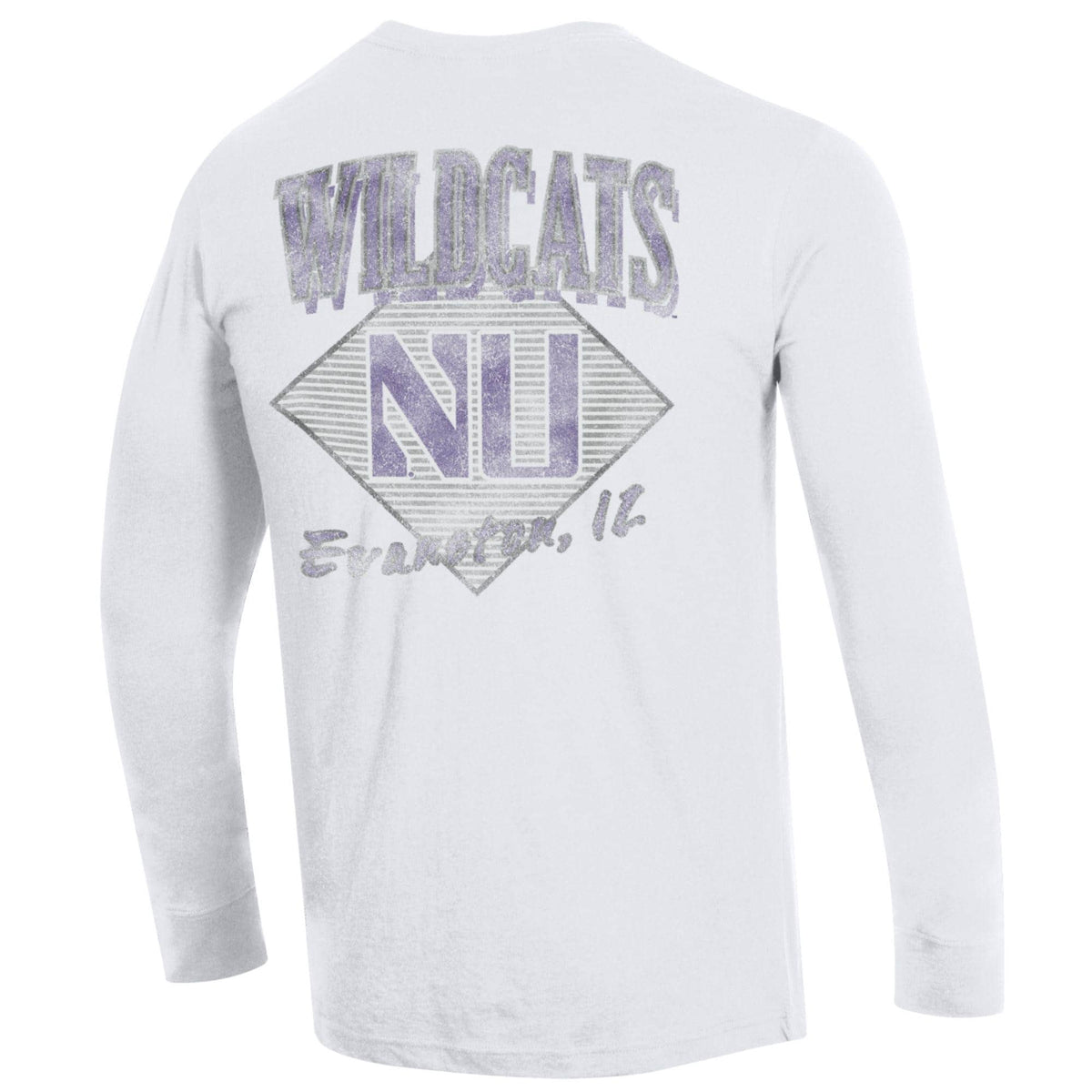 Northwestern University Wildcats Men's Champion White Long Sleeve Tee Shirt with Three Location Faded Print -Back