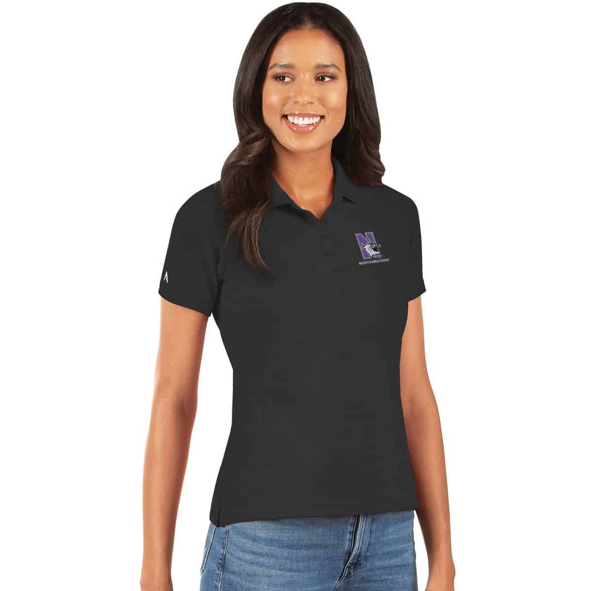 Northwestern University Wildcats Women's Antigua Black Legacy Polo Shirt with N-Cat Design