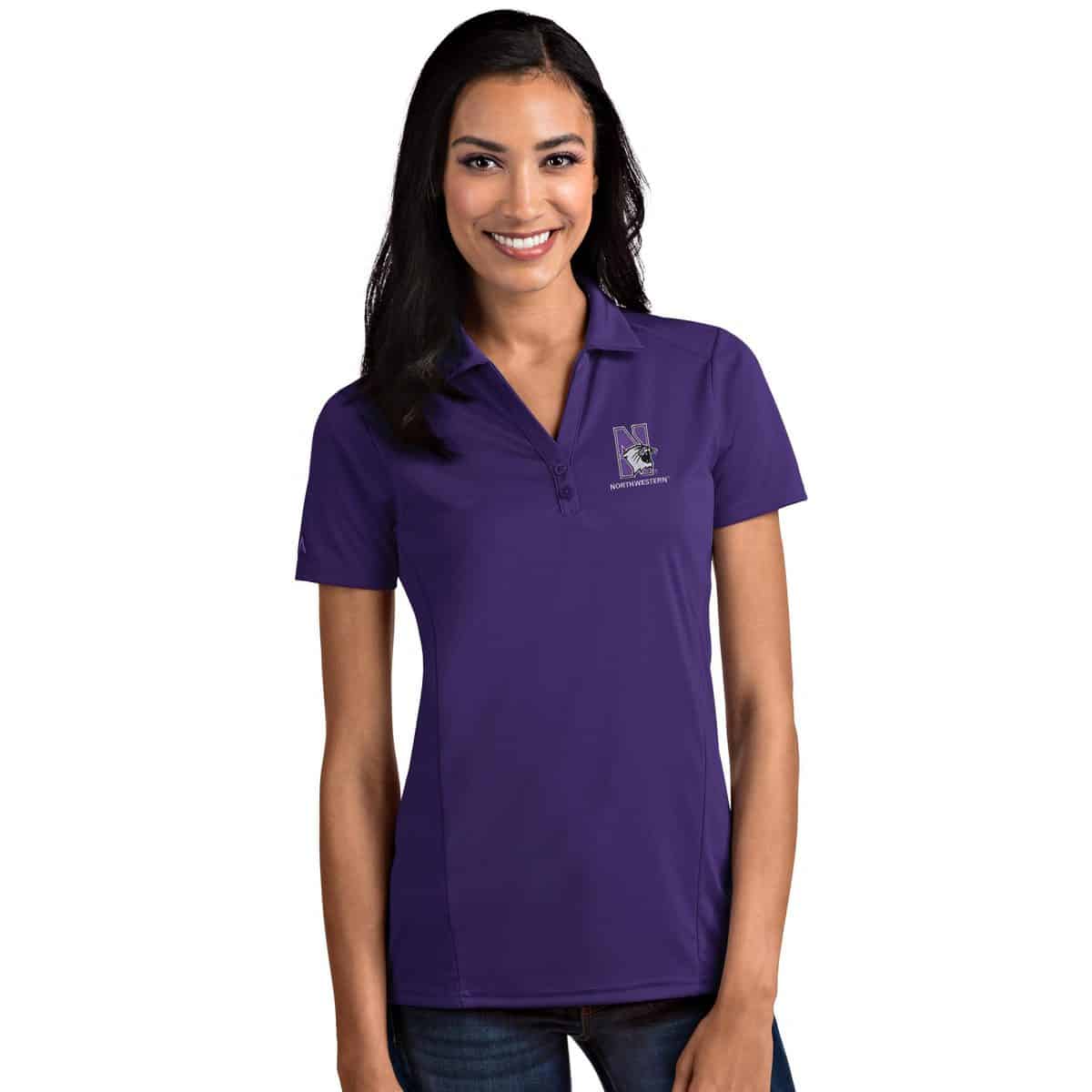 Northwestern University Wildcats Women's Antigua Purple Tribute Polo Shirt with N-Cat Design
