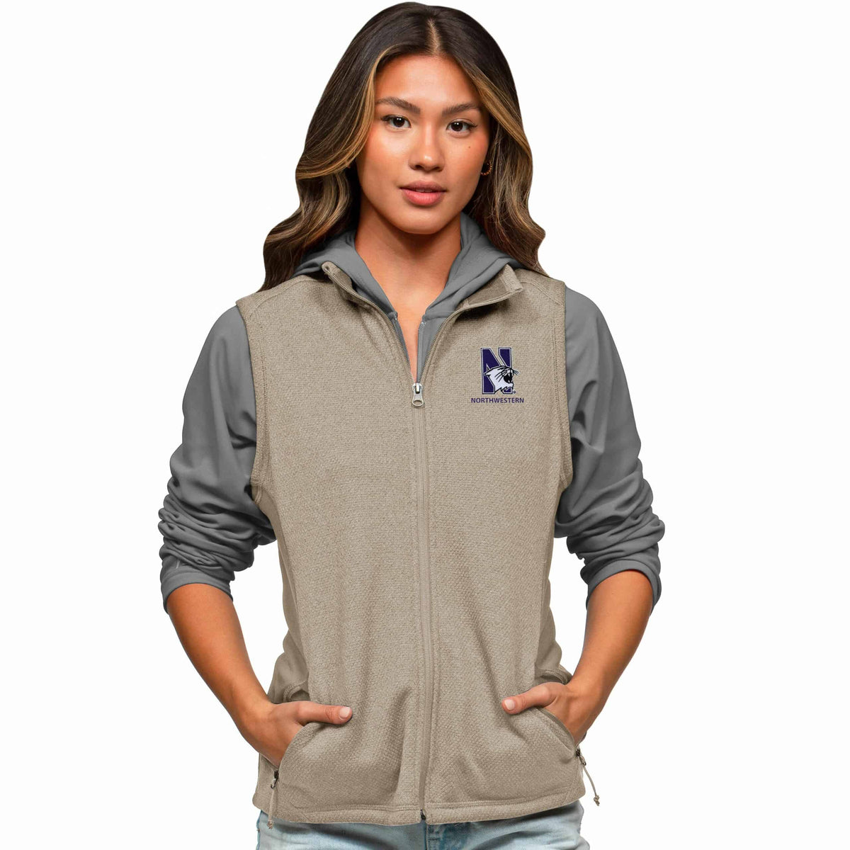 Northwestern Wildcats Women's Antigua Course Vest in Oatmeal Heather Multi with N-Cat Design