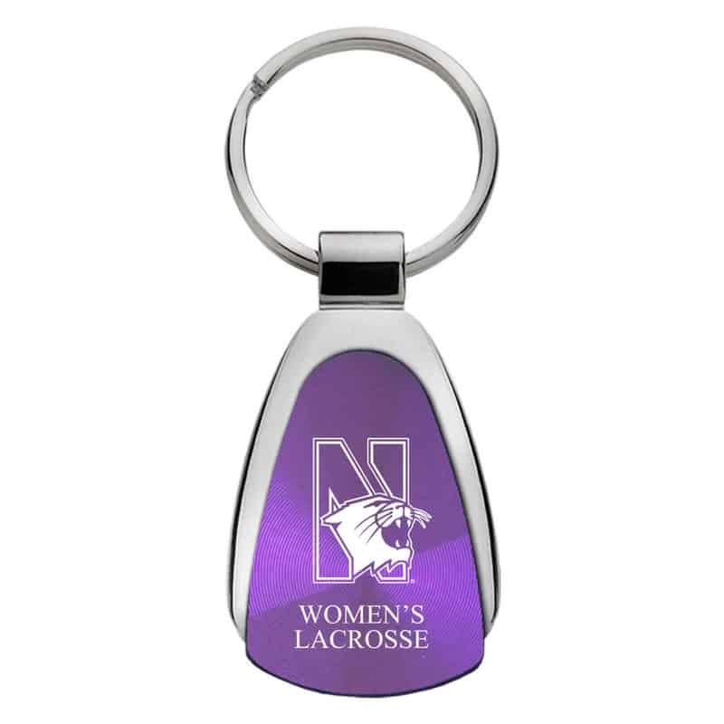 Northwestern University Wildcats Laser Engraved Purple Teardrop Key Chain with N-Cat & Women's Lacrosse Design