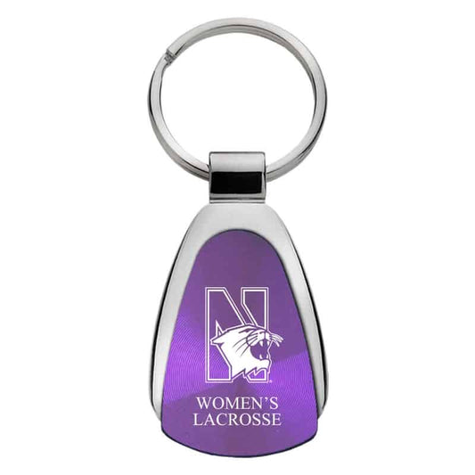 Northwestern University Wildcats Laser Engraved Purple Teardrop Key Chain with N-Cat & Women's Lacrosse Design