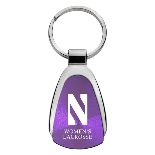 Northwestern University Wildcats Laser Engraved Purple Teardrop Key Chain with Stylized N & Women's Lacrosse Design