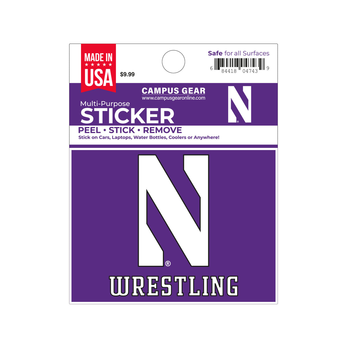 Northwestern University Wildcats Full Color Outside Application 3"X4" Rectangular Multi-Purpose Sticker with N & Wrestling Design