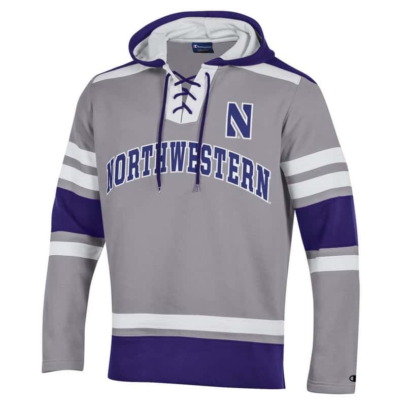 Northwestern University Wildcats Champion Men's Grey Pullover Hockey Hooded Sweatshirt with Arch & Stylized N Design