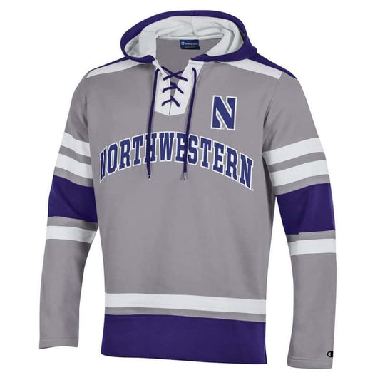 Northwestern University Wildcats Champion Men's Grey Pullover Hockey Hooded Sweatshirt with Arch & Stylized N Design