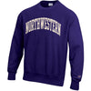 Northwestern University Wildcats Men's Purple Champion Super Heavy Reverse Weave Crewneck Sweatshirt with Creamy White Arched Northwestern Wool Sewn Appliqué Design