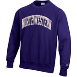 Northwestern University Wildcats Men's Purple Champion Super Heavy Reverse Weave Crewneck Sweatshirt with Antique Creamy White Arched Northwestern Wool Sewn Appliqué Design