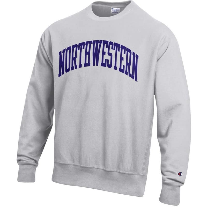 Northwestern University Wildcats Men's Silver Grey Champion Super Heavy Reverse Weave Crewneck Sweatshirt with Purple Arched Northwestern Wool Sewn Appliqué Design