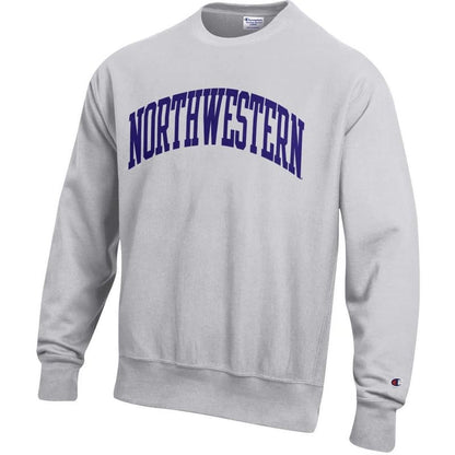 Northwestern University Wildcats Men's Silver Grey Champion Super Heavy Reverse Weave Crewneck Sweatshirt with Purple Arched Northwestern Wool Sewn Appliqué Design