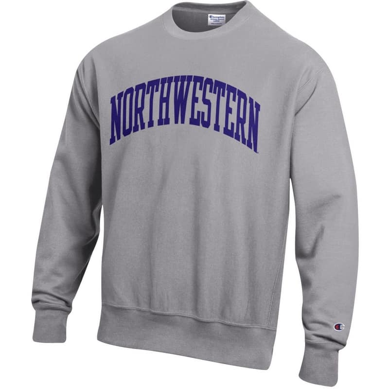 Northwestern University Wildcats Men's Oxford Heather Champion Super Heavy Reverse Weave Crewneck Sweatshirt with Purple Arched Northwestern Wool Sewn Appliqué Design