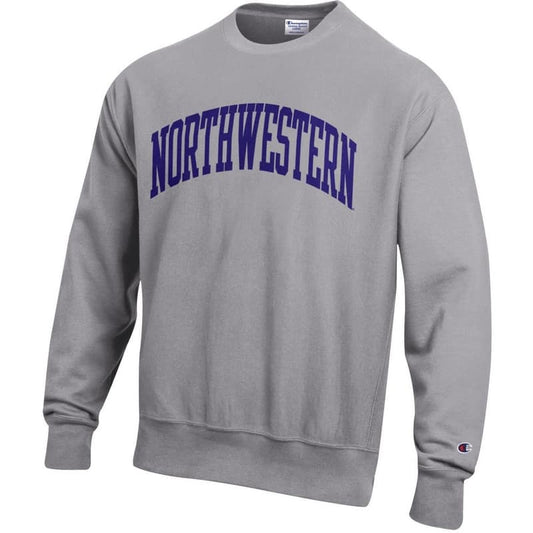 Northwestern University Wildcats Men's Oxford Heather Champion Super Heavy Reverse Weave Crewneck Sweatshirt with Purple Arched Northwestern Wool Sewn Appliqué Design