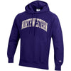 Northwestern University Wildcats Men’s Purple Champion Super Heavy Reverse Weave Hooded Sweatshirt with Creamy White Arched Northwestern Wool Sewn Appliqué Design