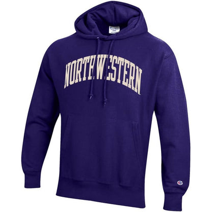 Northwestern University Wildcats Men’s Purple Champion Super Heavy Reverse Weave Hooded Sweatshirt with Creamy White Arched Northwestern Wool Sewn Appliqué Design