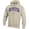 Northwestern University Wildcats Men’s Oatmeal Champion Super Heavy Reverse Weave Hooded Sweatshirt with Purple Arched Northwestern Wool Sewn Appliqué Design