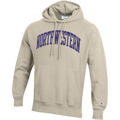 Northwestern University Wildcats Men’s Oatmeal Champion Super Heavy Reverse Weave Hooded Sweatshirt with Purple Arched Northwestern Wool Sewn Appliqué Design