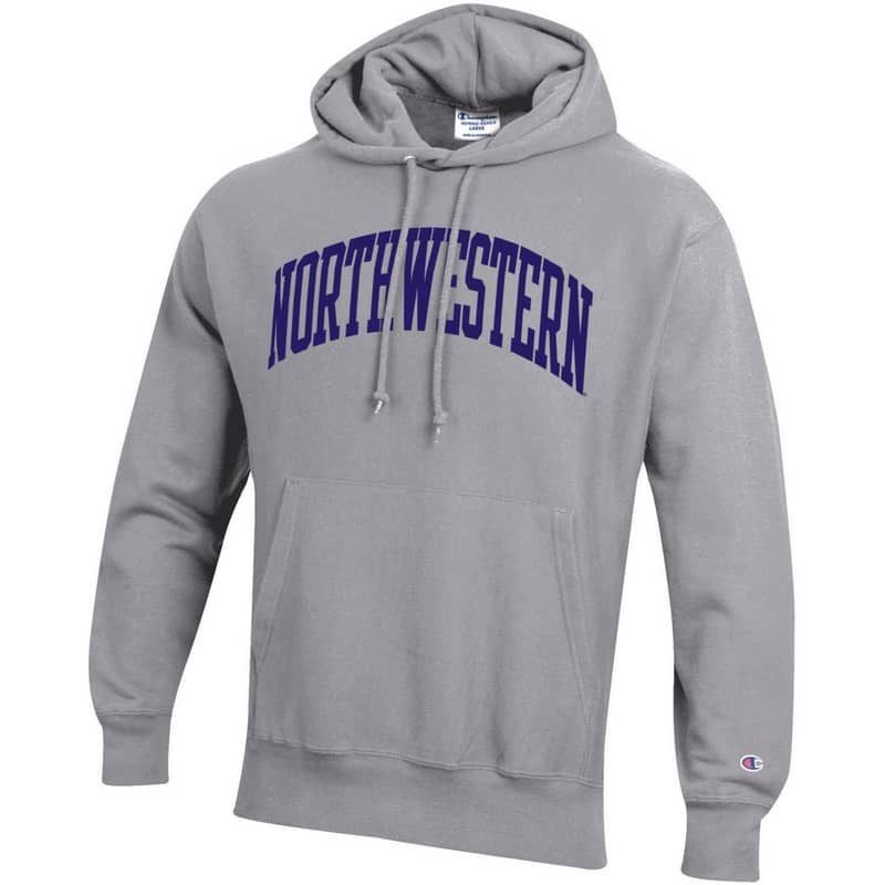 Northwestern University Wildcats Men’s Oxford Heather Champion Super Heavy Reverse Weave Hooded Sweatshirt with Purple Arched Northwestern Wool Sewn Appliqué Design