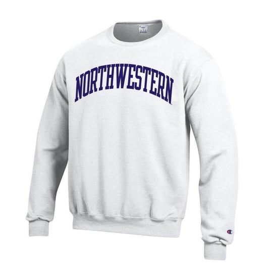 Northwestern University Wildcats Men's White Champion Eco Powerblend Crewneck Sweatshirt with Purple Arched Northwestern Wool Sewn Appliqué Design