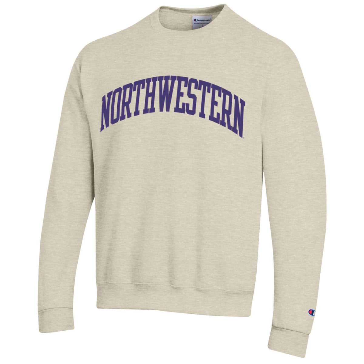 Northwestern University Wildcats Men's Oatmeal Heather Champion Eco Powerblend Crewneck Sweatshirt with Purple Arched Northwestern Wool Sewn Appliqué Design