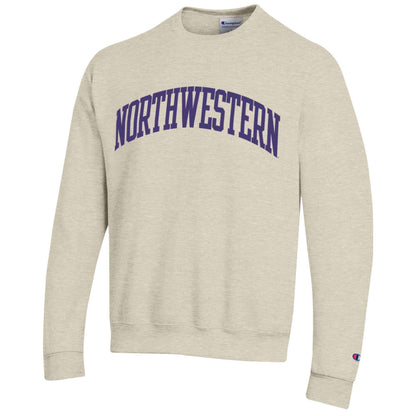Northwestern University Wildcats Men's Oatmeal Heather Champion Eco Powerblend Crewneck Sweatshirt with Purple Arched Northwestern Wool Sewn Appliqué Design